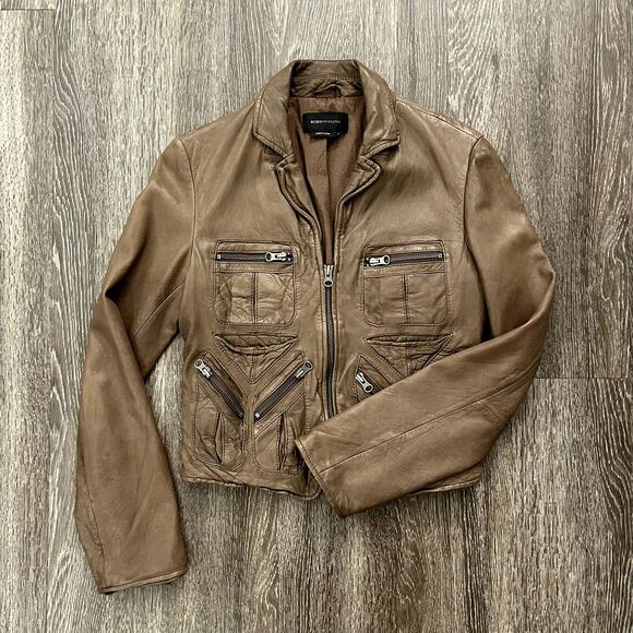 BCBGMAXAZRIA Brown Leather Moto Jacket Small Distressed Zip Pockets Boho Biker - Picture 2 of 9